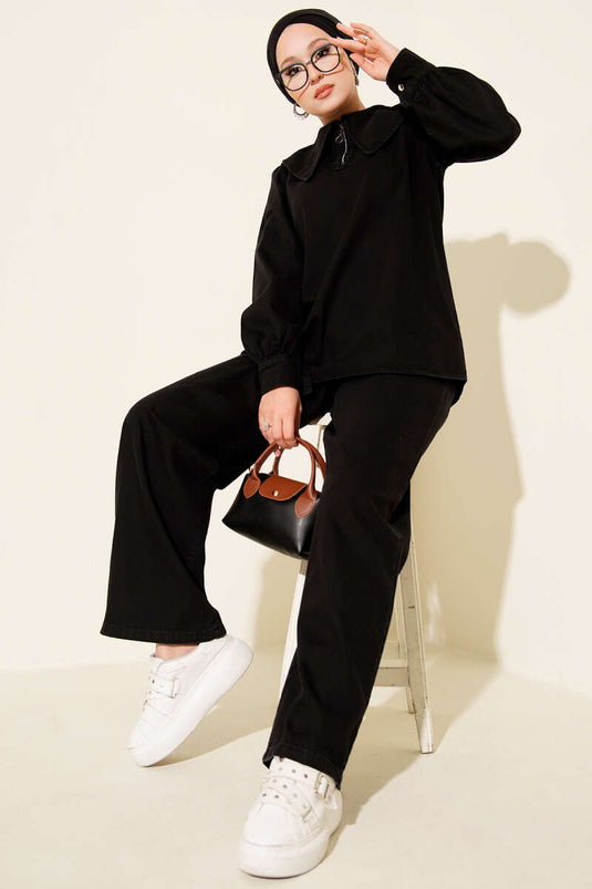 Ensemble deux pièces en denim bleu marine avec col zippé et noir