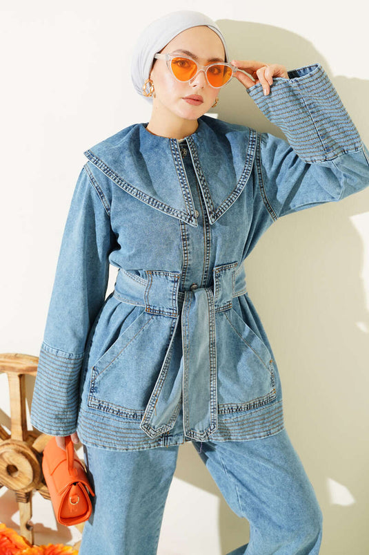 Denizci Yaka Kuşaklı Kot İkili Takım Açık Mavi