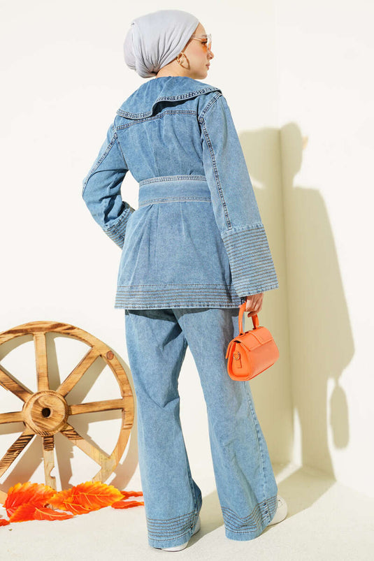 Denizci Yaka Kuşaklı Kot İkili Takım Açık Mavi