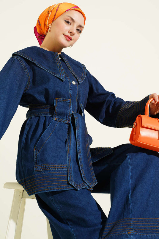 Denizci Yaka Kuşaklı Kot İkili Takım Mavi