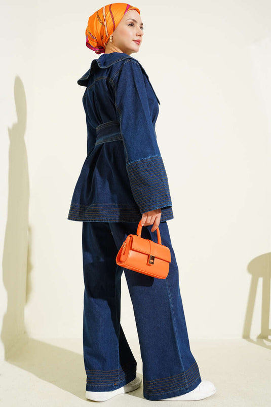 Denizci Yaka Kuşaklı Kot İkili Takım Mavi