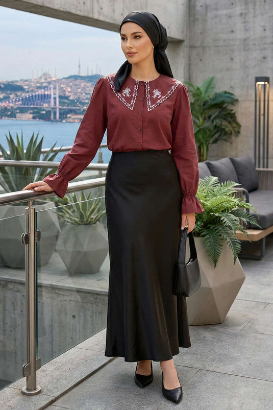 Nautical Collar Embroidered Shirt Burgundy