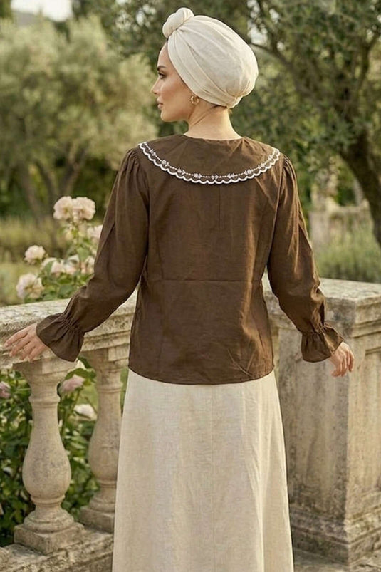 Nautical Collar Embroidered Shirt Brown