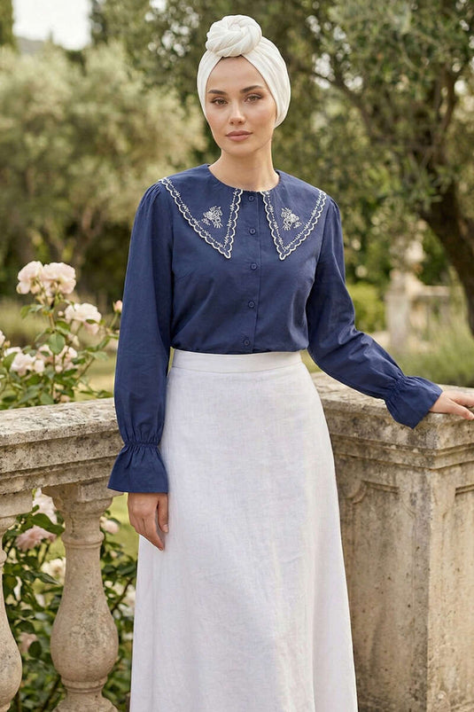 Navy Blue Embroidered Sailor Collar Shirt