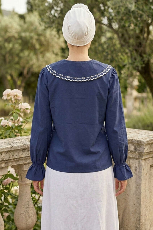 Navy Blue Embroidered Sailor Collar Shirt