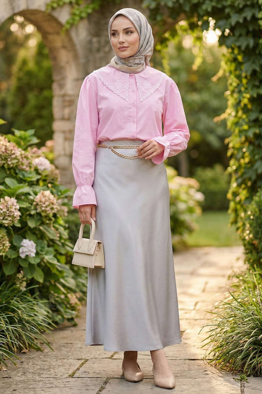 Sailor Collar Embroidered Shirt Pink