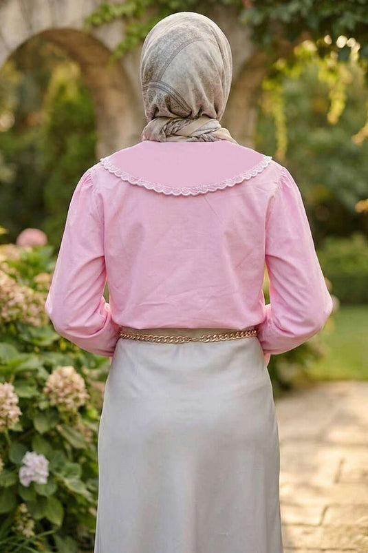 Sailor Collar Embroidered Shirt Pink