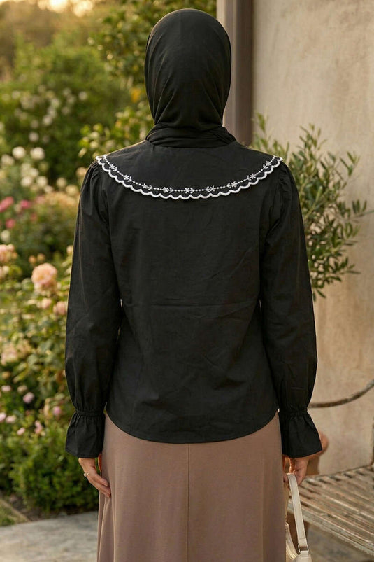 Navy Collar Embroidered Shirt Black