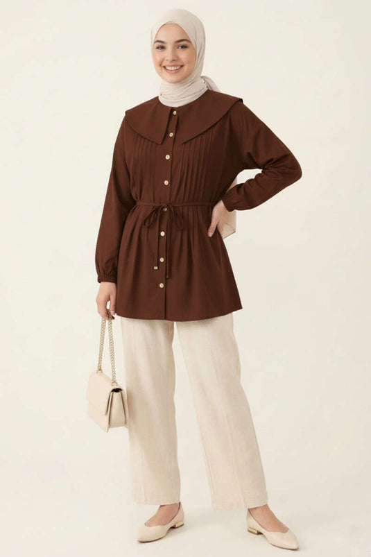 Denizci Yaka Nervürlü Tunik Kahve