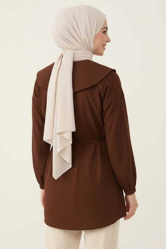 Denizci Yaka Nervürlü Tunik Kahve