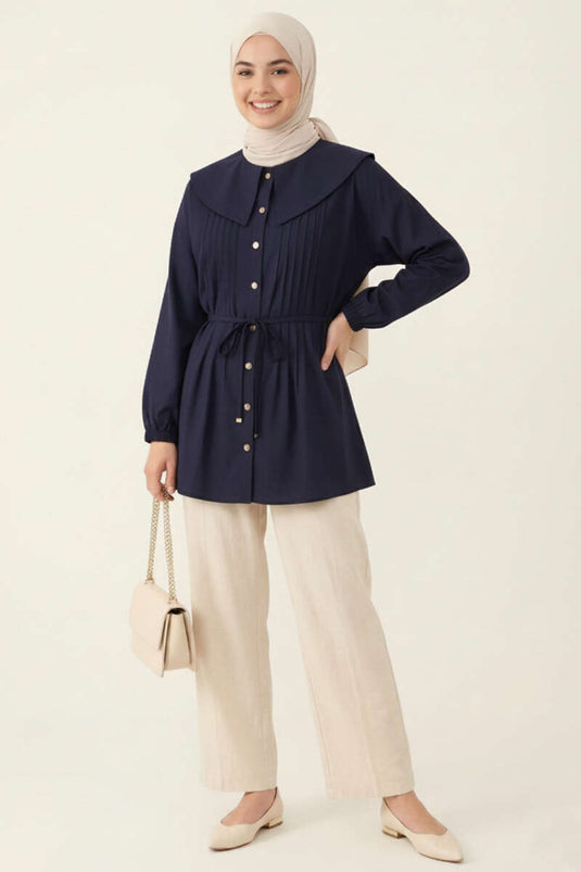 Denizci Yaka Nervürlü Tunik Lacivert