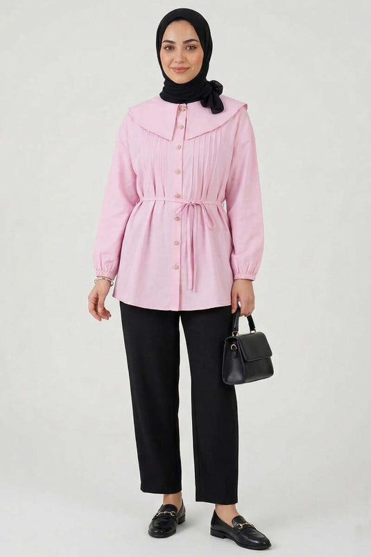 Denizci Yaka Nervürlü Tunik Pembe