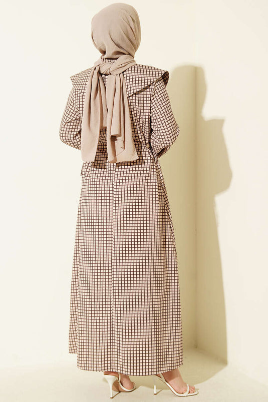 Denizci Yakalı Kareli Elbise Bej