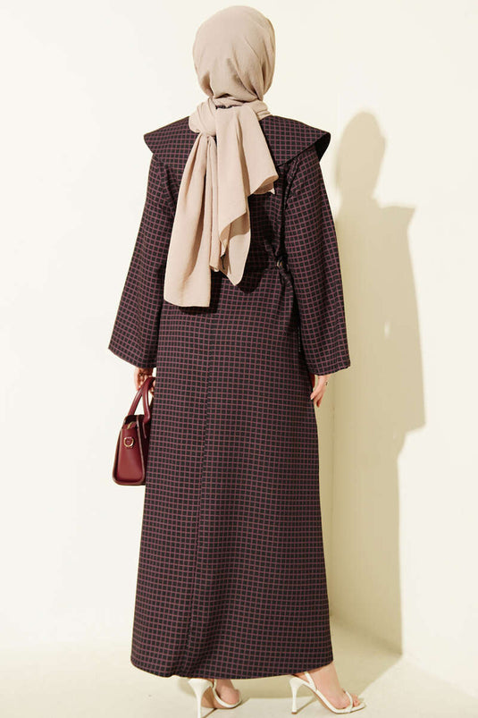 Denizci Yakalı Kareli Elbise Burgonya