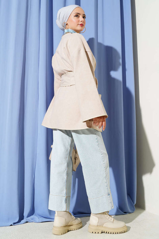 Leather Trimmed Pocket Jacket, Beige