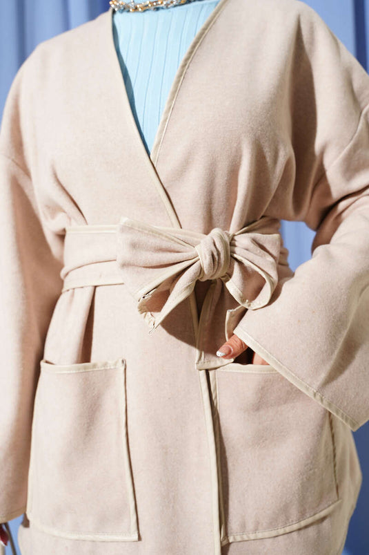 Leather Trimmed Pocket Jacket, Beige