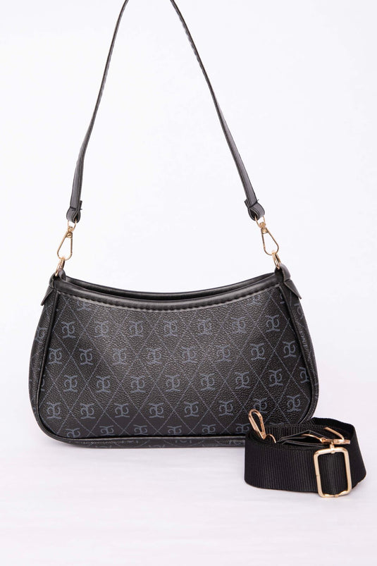 Leather-Edged Patterned Hand & Shoulder Bag Black
