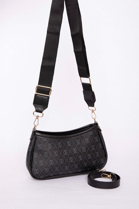 Leather-Edged Patterned Hand & Shoulder Bag Black