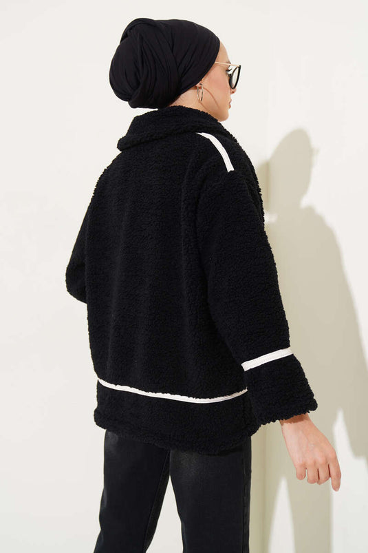 Leather-Binded Zippered Plush Jacket Black