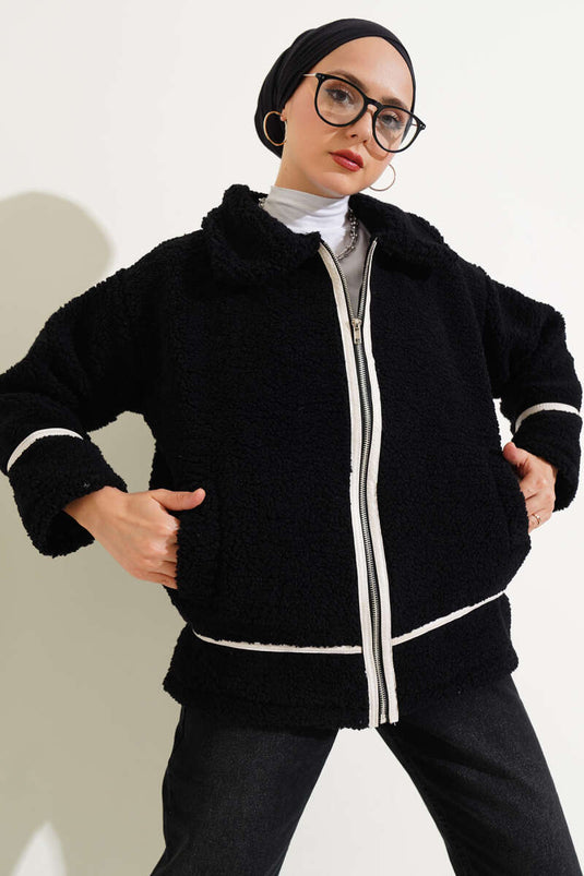 Leather-Binded Zippered Plush Jacket Black