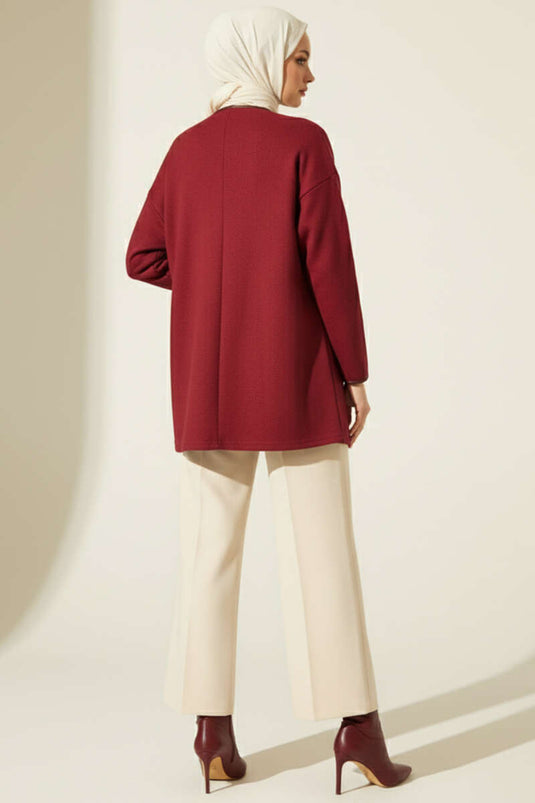 Leder-Kimono in Burgunder mit Gürtel und fransenartigem Aussehen