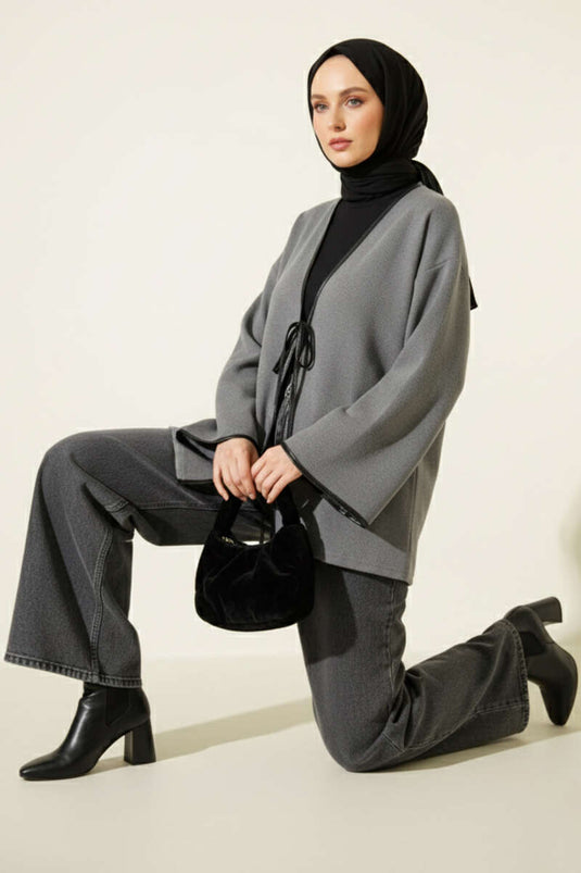 Leather Belted, Strappy-Looking Smoky Gray Kimono