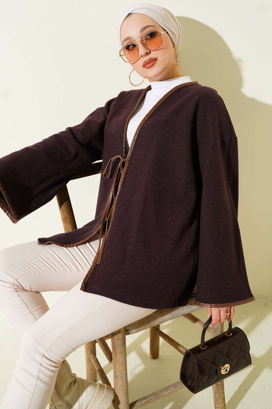 Deri Biyeli Fitilli Görünümlü Kimono Mürdüm