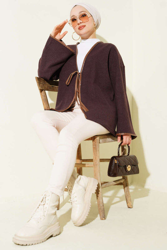 Deri Biyeli Fitilli Görünümlü Kimono Mürdüm