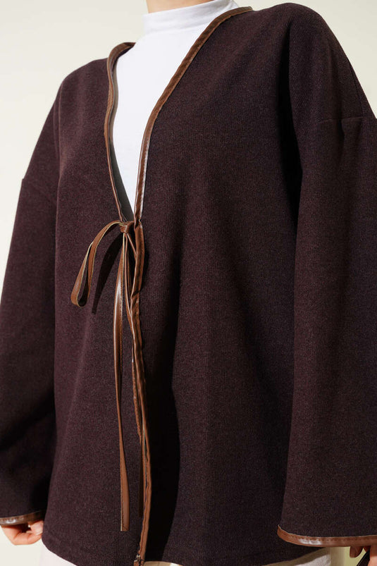 Deri Biyeli Fitilli Görünümlü Kimono Mürdüm