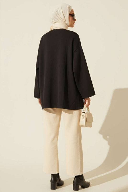 Schwarzer Lederkimono mit Gürtel und fransenoptischem Design