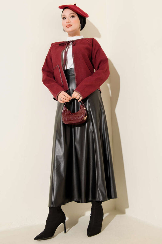 Leather Piping Cachet Short Jacket Burgundy