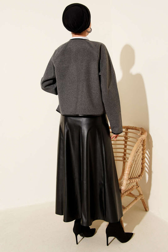 Leather Piping Cachet Short Jacket Smoke