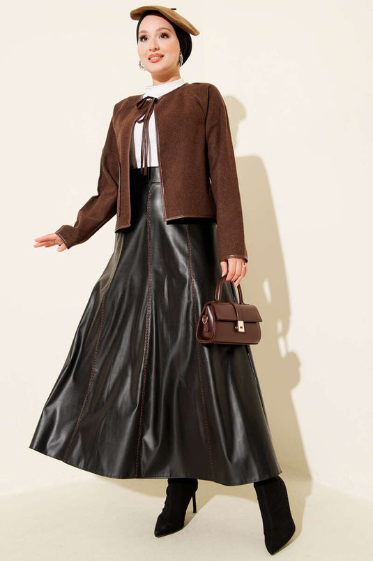 Leather Piping Cachet Short Jacket Brown
