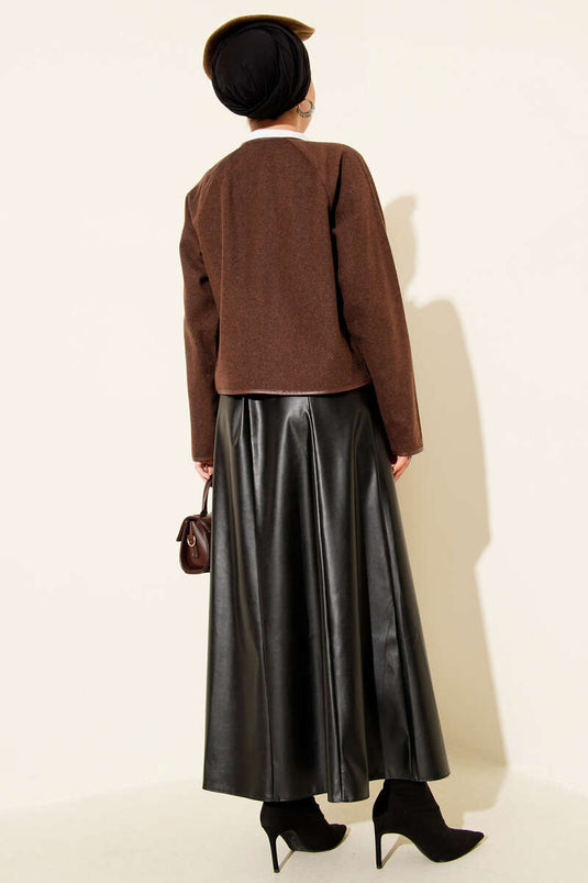 Leather Piping Cachet Short Jacket Brown