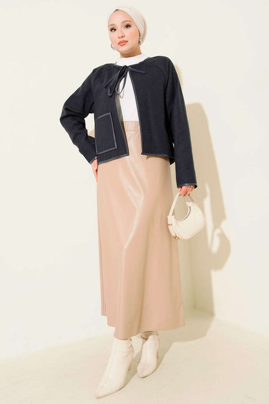 Leather Piping Cashmere Short Jacket Navy Blue