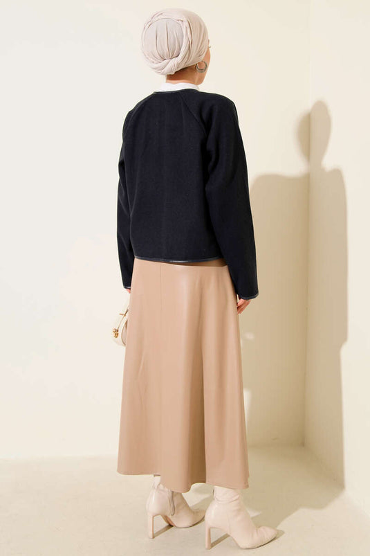 Leather Piping Cashmere Short Jacket Navy Blue