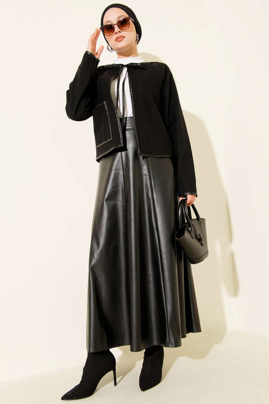 Leather Piping Cachet Short Jacket Black