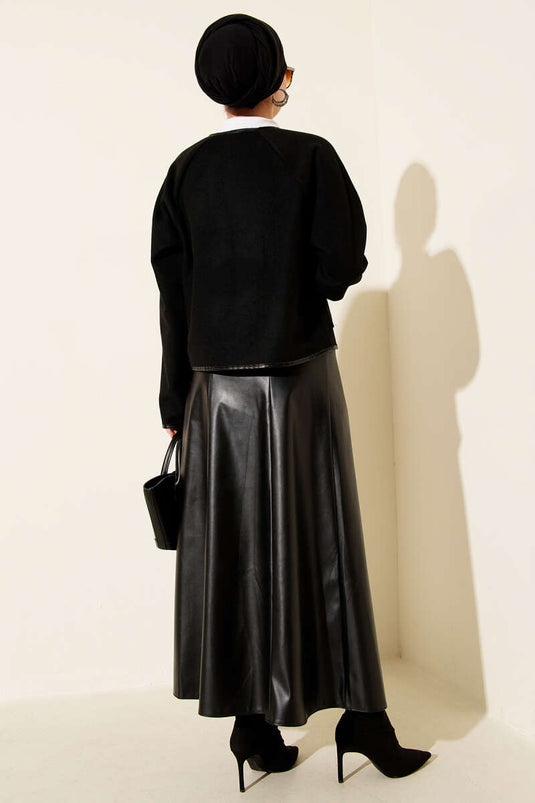 Leather Piping Cachet Short Jacket Black