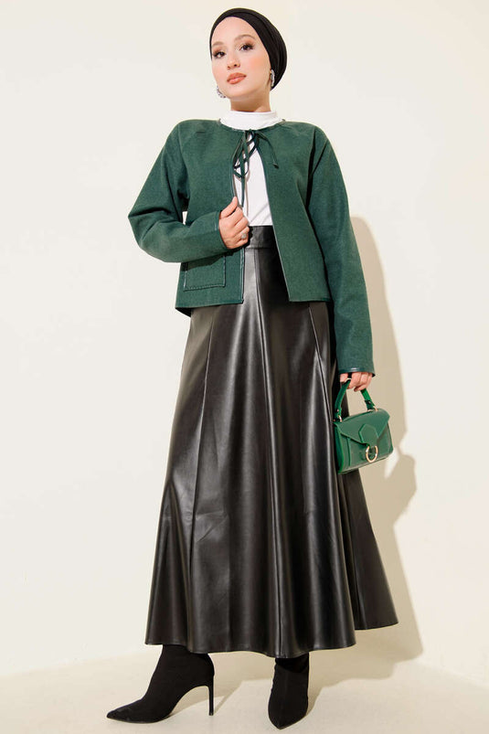 Leather Piping Cachet Short Jacket Emerald