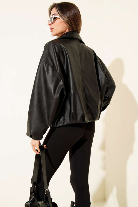 جاكيت بومبر جلدي مع حزام، أسود