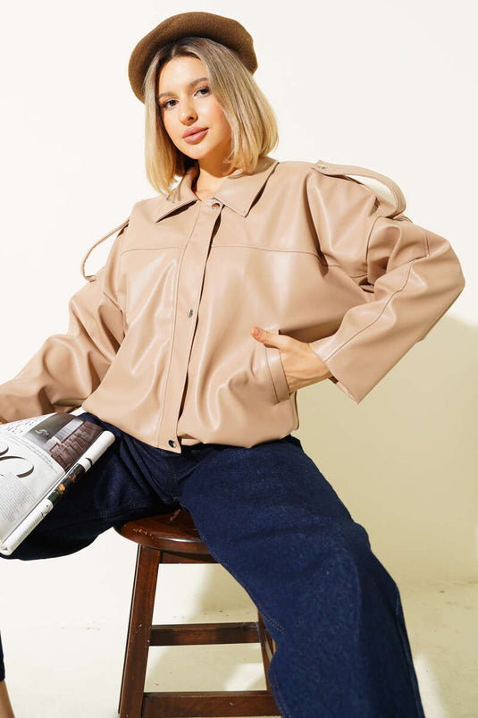 Veste en cuir à fermeture éclair et boutons-pression, couleur latte