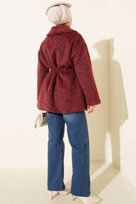 جاكيت جلدي بحزام ولحية، لون عنابي