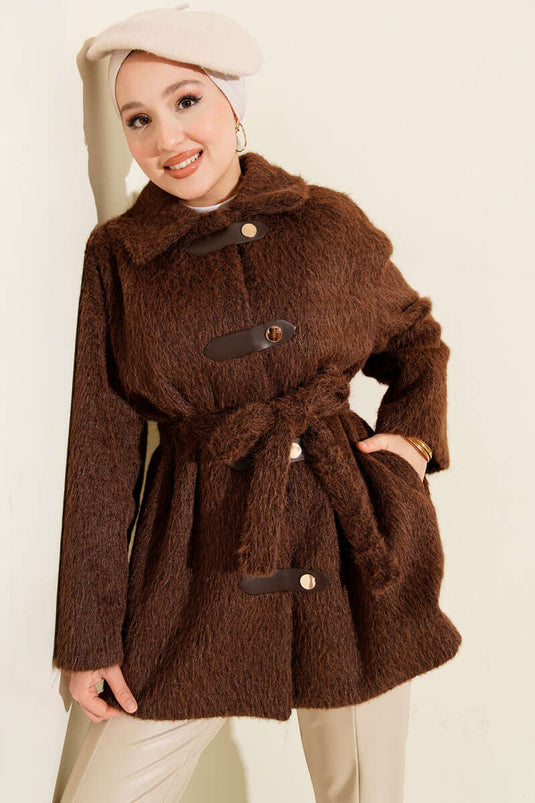 جاكيت جلدي بحزام ولحية، بني اللون