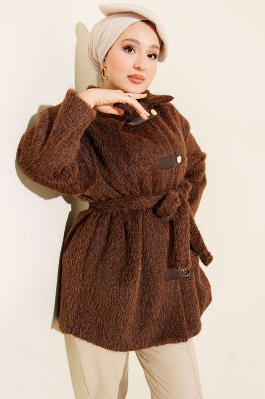 جاكيت جلدي بحزام ولحية، بني اللون