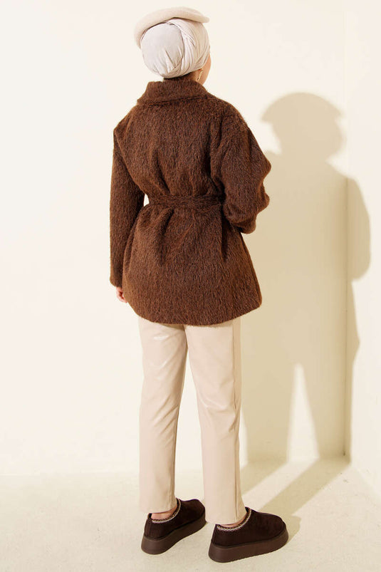 جاكيت جلدي بحزام ولحية، بني اللون