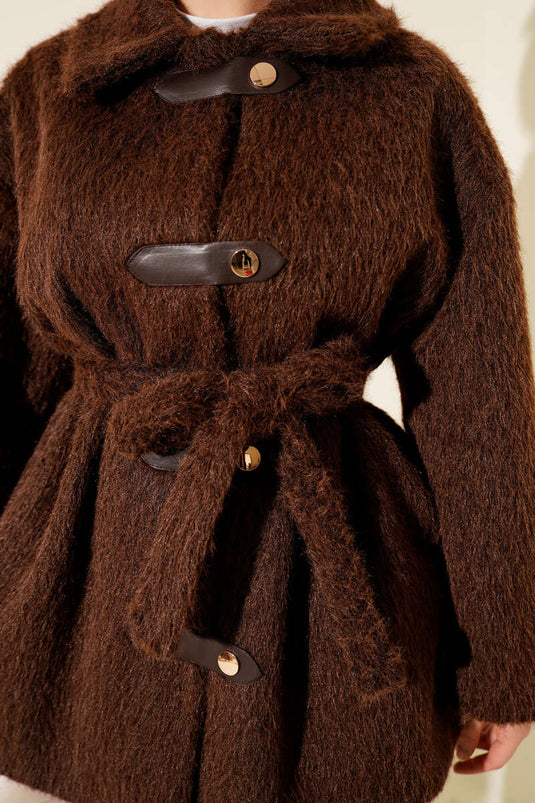 جاكيت جلدي بحزام ولحية، بني اللون