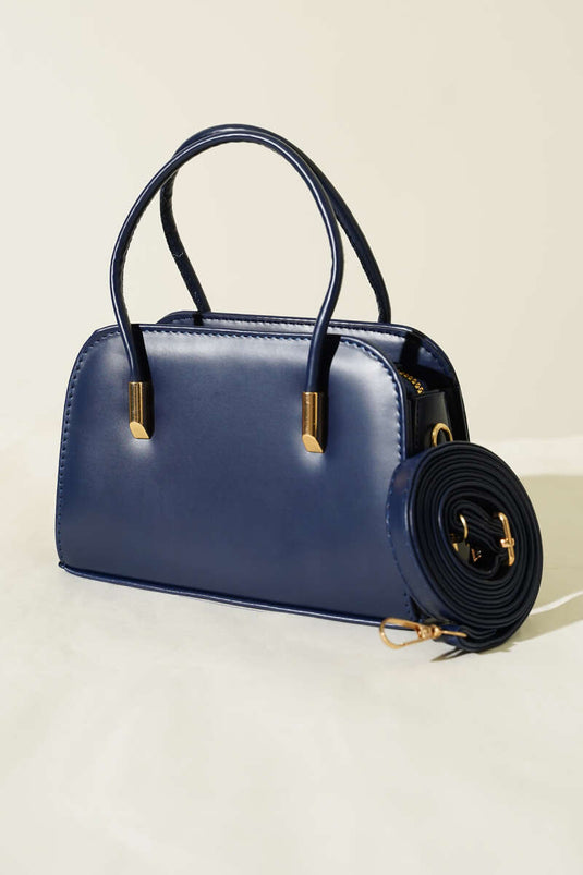 Leather Hand and Shoulder Bag Navy Blue