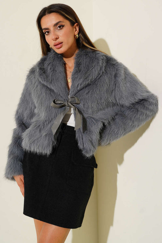 Fur Coat with Leather Bow Detail, Grey