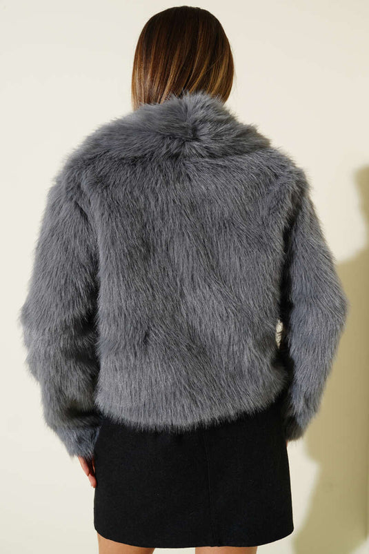 Fur Coat with Leather Bow Detail, Grey