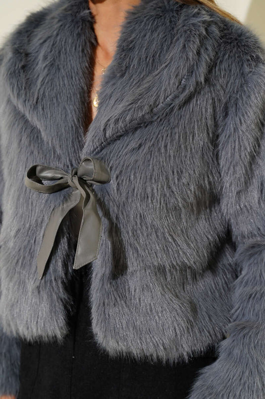 Fur Coat with Leather Bow Detail, Grey